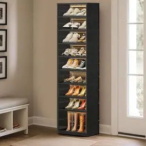 9Tier Black Foldable Stackable Plastic Shoe Storage Cabinet With Transparent Magnetic Doors Holds 18 Pairs Footwear For Entryway Closet LivingRoom 9Tier Black Foldable Stackable Plastic Shoe Storage Cabinet With Transparent Magnetic Doors Holds 18 Pairs Footwear For Entryway Closet LivingRoom