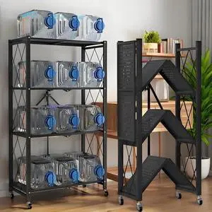 4-Tier Foldable Metal Storage Shelves Organizer with Wheels 28"W x14"D x50"H Bakers Rack Microwave Stand Plant Stand for Kitchen Garage Closet Workshop 4-Tier Foldable Metal Storage Shelves Organizer with Wheels 28"W x14"D x50"H Bakers Rack Microwave Stand Plant Stand for Kitchen Garage Closet Workshop