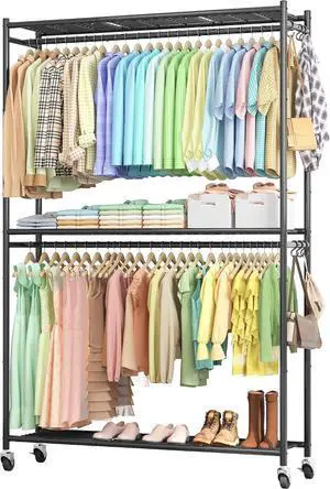 Multi-Functional Metal Garment Rack with Shelves Wheels and Hooks 45.2" x 12.2" x 79.5" Wardrobe Closet for Bedroom Laundry Balcony Black Multi-Functional Metal Garment Rack with Shelves Wheels and Hooks 45.2" x 12.2" x 79.5" Wardrobe Closet for Bedroom Laundry Balcony Black
