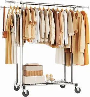 Heavy Duty Rolling Garment Rack 700LBS Capacity Dual-Rod Adjustable Clothing Rack with Wheels Shelves for Home Commercial Use Silver Heavy Duty Rolling Garment Rack 700LBS Capacity Dual-Rod Adjustable Clothing Rack with Wheels Shelves for Home Commercial Use Silver
