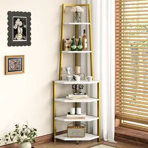 6-Tier 69 Inch Industrial Corner Shelf, Metal Frame & MDF Bookshelf, Diamond Surface Tall Plant Stand Display Rack for Living Room Bedroom Home Office Small Space Gold 6-Tier 69 Inch Industrial Corner Shelf, Metal Frame & MDF Bookshelf, Diamond Surface Tall Plant Stand Display Rack for Living Room Bedroom Home Office Small Space Gold