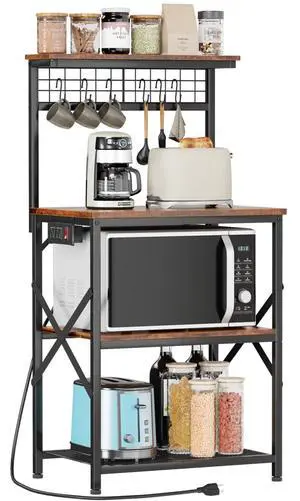 4-Tier Kitchen Bakers Rack with Power Outlet and 6 S Hooks, Microwave Oven Stand Storage Shelf with Pegboard for Coffee Bar Kitchen Living Room Use 4-Tier Kitchen Bakers Rack with Power Outlet and 6 S Hooks, Microwave Oven Stand Storage Shelf with Pegboard for Coffee Bar Kitchen Living Room Use