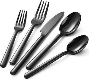 40-Piece Black Stainless Steel Flatware Set for 8 People, Heavy Duty 18/0 Stainless Steel Silverware with Modern Round Handle, Mirror Polished Dishwasher Safe Tableware for Home Party Restaurant 40-Piece Black Stainless Steel Flatware Set for 8 People, Heavy Duty 18/0 Stainless Steel Silverware with Modern Round Handle, Mirror Polished Dishwasher Safe Tableware for Home Party Restaurant