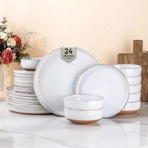 24-Piece White Stoneware Dinnerware Set for 8, Ceramic Plates and Bowls Combo with Wavy Rim, Scratch Resistant Tableware, Dishwasher Microwave Freezer Safe for Home Dining 24-Piece White Stoneware Dinnerware Set for 8, Ceramic Plates and Bowls Combo with Wavy Rim, Scratch Resistant Tableware, Dishwasher Microwave Freezer Safe for Home Dining