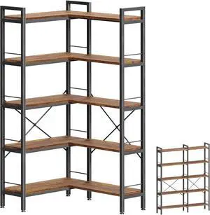 5 Tier L Shaped Corner Bookshelf with 10 Open Shelves, 49.4 Inch Straight Wide Bookcase, Metal Frame and Wooden Board, Adjustable Feet, Rustic Brown 5 Tier L Shaped Corner Bookshelf with 10 Open Shelves, 49.4 Inch Straight Wide Bookcase, Metal Frame and Wooden Board, Adjustable Feet, Rustic Brown