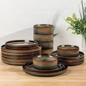 18-Piece Cocoa Mocha Ceramic Dinnerware Set for 6, Lightweight Porcelain Plates and Bowls with Double Reactive Glaze, Scratch Resistant, Oven Microwave Dishwasher Safe Stackable Tableware 18-Piece Cocoa Mocha Ceramic Dinnerware Set for 6, Lightweight Porcelain Plates and Bowls with Double Reactive Glaze, Scratch Resistant, Oven Microwave Dishwasher Safe Stackable Tableware