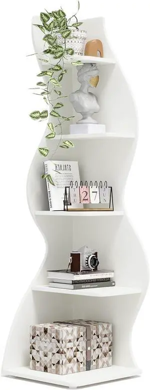 5-Tier Modern Wall Corner Bookshelf, Unique Sea Grass-Inspired Storage Rack Plant Stand, Stylish Small Corner Bookcase for Living Room Home Office, White (1PC) 5-Tier Modern Wall Corner Bookshelf, Unique Sea Grass-Inspired Storage Rack Plant Stand, Stylish Small Corner Bookcase for Living Room Home Office, White (1PC)
