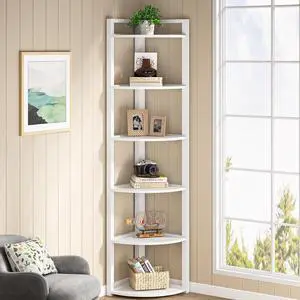 6-Tier 70.9 Inch Tall Corner Shelf, 0.6" Thick Board & Metal Frame Storage Rack, Modern Small Bookcase for Living Room Home Office Kitchen Small Space White 6-Tier 70.9 Inch Tall Corner Shelf, 0.6" Thick Board & Metal Frame Storage Rack, Modern Small Bookcase for Living Room Home Office Kitchen Small Space White