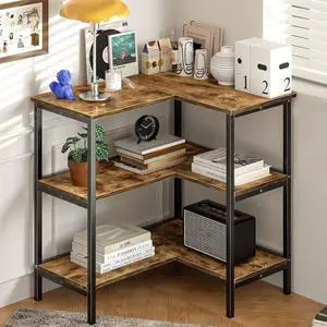 L-Shaped Corner Storage Stand 3 Tier Open Shelf, Metal Frame & Engineered Wood Organizer for Home Office Kitchen Living Room, Brown L-Shaped Corner Storage Stand 3 Tier Open Shelf, Metal Frame & Engineered Wood Organizer for Home Office Kitchen Living Room, Brown