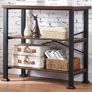 3 Tier Industrial Bookshelf, 31.5 Inch Wide Rustic Brown Open Storage Shelf, Sturdy Metal Frame Bookcase with Adjustable Feet, Multipurpose Display Shelf for Living Room Bedroom Office 3 Tier Industrial Bookshelf, 31.5 Inch Wide Rustic Brown Open Storage Shelf, Sturdy Metal Frame Bookcase with Adjustable Feet, Multipurpose Display Shelf for Living Room Bedroom Office