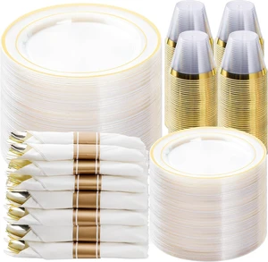700PCS Clear Gold Rim Disposable Dinnerware Set, BPA Free Heavy Duty Plastic Plates Cups Pre Rolled Napkins Silverware for 100 Guests, Party Table Supplies for Wedding Birthday Banquet 700PCS Clear Gold Rim Disposable Dinnerware Set, BPA Free Heavy Duty Plastic Plates Cups Pre Rolled Napkins Silverware for 100 Guests, Party Table Supplies for Wedding Birthday Banquet