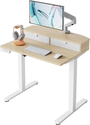 32 x 21 Inch Electric Standing Desk with Drawers, Height Adjustable Sit Stand Computer Desk, C-Clamp Compatible, 4 Preset Heights, Dual Hooks, Light Walnut 32 x 21 Inch Electric Standing Desk with Drawers, Height Adjustable Sit Stand Computer Desk, C-Clamp Compatible, 4 Preset Heights, Dual Hooks, Light Walnut