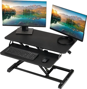 32 Inch Adjustable Sit to Stand Desk Converter, Particle Board DualMonitor Desktop Riser with Keyboard Tray, Height Adjustable Workstation for Home Office Laptop, Black 32 Inch Adjustable Sit to Stand Desk Converter, Particle Board DualMonitor Desktop Riser with Keyboard Tray, Height Adjustable Workstation for Home Office Laptop, Black