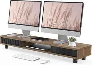 42.5 Inch 2-Tier Dual Monitor Stand Riser, Adjustable Height Desk Shelf with Glass Sliding Door & Cable Management, Ergonomic Desktop Organizer for Monitor Laptop PC Screen, Brown 42.5 Inch 2-Tier Dual Monitor Stand Riser, Adjustable Height Desk Shelf with Glass Sliding Door & Cable Management, Ergonomic Desktop Organizer for Monitor Laptop PC Screen, Brown