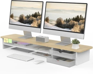42.5 Inch Dual Monitor Stand Riser, 2Tier Oak Desk Shelf with Frosted Storage Drawer, Cable Management, for Dual Monitors Ultrawide Screens Laptop TV Home Office 42.5 Inch Dual Monitor Stand Riser, 2Tier Oak Desk Shelf with Frosted Storage Drawer, Cable Management, for Dual Monitors Ultrawide Screens Laptop TV Home Office