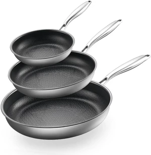 3 Piece Titanium Nonstick Frying Pan Set, 8/10/12 Inch Tri-Ply Stainless Steel Skillet, PFOA PFAS Free Metal Utensil Safe Cookware, Oven Dishwasher Safe Compatible with All Stovetops 3 Piece Titanium Nonstick Frying Pan Set, 8/10/12 Inch Tri-Ply Stainless Steel Skillet, PFOA PFAS Free Metal Utensil Safe Cookware, Oven Dishwasher Safe Compatible with All Stovetops