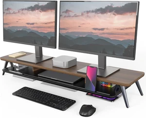 42.5 Inch Dual Monitor Stand Riser, 2Tier Wooden Desk Shelf with Aluminum Legs, Builtin Phone Tablet Slot, Desktop Organizer for Office Workspace 42.5 Inch Dual Monitor Stand Riser, 2Tier Wooden Desk Shelf with Aluminum Legs, Builtin Phone Tablet Slot, Desktop Organizer for Office Workspace