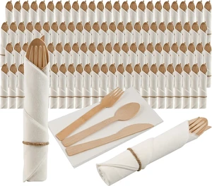 100 Pack Pre Rolled Bamboo Cutlery Set, Compostable Biodegradable Disposable Utensils with Thick Napkins, 400 PCS Forks Knives Spoons Combo for Wedding Party Birthday Catering Events 100 Pack Pre Rolled Bamboo Cutlery Set, Compostable Biodegradable Disposable Utensils with Thick Napkins, 400 PCS Forks Knives Spoons Combo for Wedding Party Birthday Catering Events