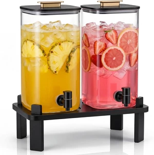 2 Pack 3 Gallon Borosilicate Glass Beverage Dispenser, Modern Countertop Drink Station with Matte Wood Stand, Leakproof Spigot and Air Valve for Home Bar Spa Party 2 Pack 3 Gallon Borosilicate Glass Beverage Dispenser, Modern Countertop Drink Station with Matte Wood Stand, Leakproof Spigot and Air Valve for Home Bar Spa Party