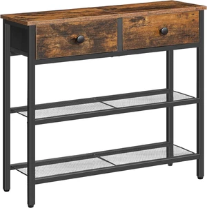 29.5 Inch Narrow Console Table, Rustic Entryway Sofa Table with 2 Fabric Drawers and 3-Tier Storage Shelves, Sturdy Metal Frame Behind Couch Table for Hallway Living Room Bedroom Home Decor 29.5 Inch Narrow Console Table, Rustic Entryway Sofa Table with 2 Fabric Drawers and 3-Tier Storage Shelves, Sturdy Metal Frame Behind Couch Table for Hallway Living Room Bedroom Home Decor