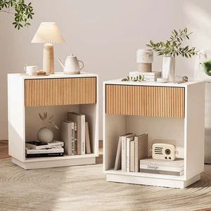 Set of 2 Modern Fluted Nightstands, Mid Century Wood Bedside Table with Drawer and Open Storage Shelf, Waterproof Scratch Resistant End Table for Bedroom Living Room Sofa Couch Office Set of 2 Modern Fluted Nightstands, Mid Century Wood Bedside Table with Drawer and Open Storage Shelf, Waterproof Scratch Resistant End Table for Bedroom Living Room Sofa Couch Office