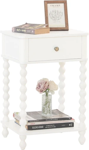 White Farmhouse Nightstand, Compact Side End Table with Drawer and Open Storage Shelf, Solid Spindle Wood Legs Accent Bedside Table for Bedroom Living Room Home Office White Farmhouse Nightstand, Compact Side End Table with Drawer and Open Storage Shelf, Solid Spindle Wood Legs Accent Bedside Table for Bedroom Living Room Home Office