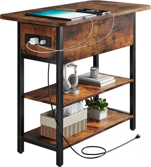 Compact Narrow End Table with Charging Station, Flip Top Side Nightstand with USB & AC Outlets, 2-Tier Storage Steel Frame Sofa Side Table for Small Space Bedroom Living Room Dorm Compact Narrow End Table with Charging Station, Flip Top Side Nightstand with USB & AC Outlets, 2-Tier Storage Steel Frame Sofa Side Table for Small Space Bedroom Living Room Dorm