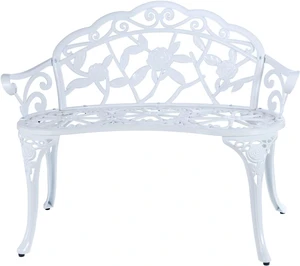 Cast Aluminum Outdoor Patio Bench with Floral Rose Pattern, RustResistant Waterproof Metal Garden Bench for Park Lawn Yard, White Cast Aluminum Outdoor Patio Bench with Floral Rose Pattern, RustResistant Waterproof Metal Garden Bench for Park Lawn Yard, White