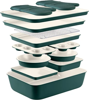 13 Piece Nonstick Stackable Bakeware Set, Heavy Gauge Carbon Steel Warp Resistant Baking Pans, 450°F Oven Safe Nestable Kitchen Baking Kit with Cooling Rack and Oven Mitts 13 Piece Nonstick Stackable Bakeware Set, Heavy Gauge Carbon Steel Warp Resistant Baking Pans, 450°F Oven Safe Nestable Kitchen Baking Kit with Cooling Rack and Oven Mitts