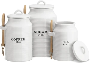 3 Piece White Ceramic Kitchen Canister Set with Airtight Lids and Wooden Scoops, Farmhouse Vintage Labeled Storage Jars for Coffee Tea Sugar Dry Food Countertop Organization 3 Piece White Ceramic Kitchen Canister Set with Airtight Lids and Wooden Scoops, Farmhouse Vintage Labeled Storage Jars for Coffee Tea Sugar Dry Food Countertop Organization