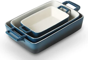 3 Piece Gradient Blue Ceramic Baking Dish Set, Rectangular Stackable Stoneware Casserole Pans, Oven Microwave Dishwasher Safe Non-Stick Bakeware for Baking Cooking Serving Storage 3 Piece Gradient Blue Ceramic Baking Dish Set, Rectangular Stackable Stoneware Casserole Pans, Oven Microwave Dishwasher Safe Non-Stick Bakeware for Baking Cooking Serving Storage