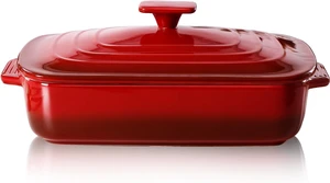 4 QT Large Ceramic Casserole Dish with Lid, Red Enamel Baking Dish, Non-Porous Sturdy Oven Safe Deep Lasagna Pan for Baking Serving and Food Storage 4 QT Large Ceramic Casserole Dish with Lid, Red Enamel Baking Dish, Non-Porous Sturdy Oven Safe Deep Lasagna Pan for Baking Serving and Food Storage