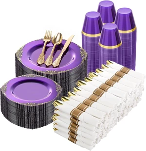 700 Piece Clear Purple Gold Rim Disposable Dinnerware Set, BPA-Free Heavy Duty Plastic Tableware Kit for 100 Guests, Elegant Decorative Plates Utensils for Wedding Birthday Party Banquet 700 Piece Clear Purple Gold Rim Disposable Dinnerware Set, BPA-Free Heavy Duty Plastic Tableware Kit for 100 Guests, Elegant Decorative Plates Utensils for Wedding Birthday Party Banquet