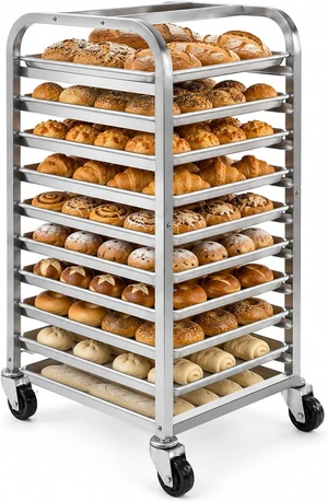 10-Tier Aluminum Baking Pan Rack with Wheels, Heavy Duty Rolling Sheet Pan Cooling Proofing Cart, 350lbs Capacity End Load Bakery Storage Transport Rack for Home Commercial Kitchen 10-Tier Aluminum Baking Pan Rack with Wheels, Heavy Duty Rolling Sheet Pan Cooling Proofing Cart, 350lbs Capacity End Load Bakery Storage Transport Rack for Home Commercial Kitchen