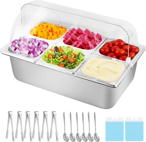 9.6 Quart Chilled Buffet Serving Set with 6 Removable Pans, Clear Roll Top Lid and Ice Packs, Portable No-Electric Cold Warm Food Tray, Stainless Steel Food Container for Party Picnic Catering BBQ 9.6 Quart Chilled Buffet Serving Set with 6 Removable Pans, Clear Roll Top Lid and Ice Packs, Portable No-Electric Cold Warm Food Tray, Stainless Steel Food Container for Party Picnic Catering BBQ