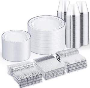 600 Piece Silver Rim Disposable Dinnerware Set for 100 Guests, BPA Free Heavy Duty Plastic Plates Cups Silverware, Elegant Disposable Tableware for Wedding Reception Formal Events Party Banquet 600 Piece Silver Rim Disposable Dinnerware Set for 100 Guests, BPA Free Heavy Duty Plastic Plates Cups Silverware, Elegant Disposable Tableware for Wedding Reception Formal Events Party Banquet