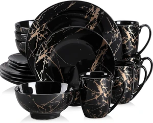 16 Piece Porcelain Dinnerware Set for 4, Modern Black Ceramic Plates Bowls Mugs Set with Gold Splash Glaze, Stackable Round Tableware, Microwave & Dishwasher Safe for Home Daily Dining 16 Piece Porcelain Dinnerware Set for 4, Modern Black Ceramic Plates Bowls Mugs Set with Gold Splash Glaze, Stackable Round Tableware, Microwave & Dishwasher Safe for Home Daily Dining