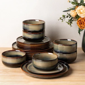 18 Piece Ceramic Dinnerware Set for 6, Double Reactive Glaze Plates and Bowls Set, High Temperature Fired Heat Resistant Tableware, Microwave Dishwasher Oven Safe Stackable Kitchen Dining Set 18 Piece Ceramic Dinnerware Set for 6, Double Reactive Glaze Plates and Bowls Set, High Temperature Fired Heat Resistant Tableware, Microwave Dishwasher Oven Safe Stackable Kitchen Dining Set