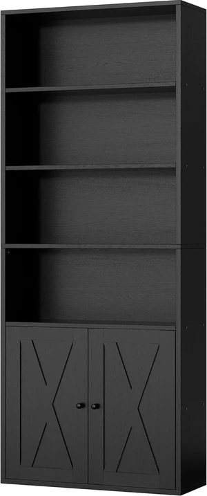 70.9 Inch 6 Tier Freestanding Industrial Bookcase Black P2 MDF Storage Shelf with Closed Cabinet Doors Modern Farmhouse Display Organizer for Living Room Bedroom Home Office 70.9 Inch 6 Tier Freestanding Industrial Bookcase Black P2 MDF Storage Shelf with Closed Cabinet Doors Modern Farmhouse Display Organizer for Living Room Bedroom Home Office