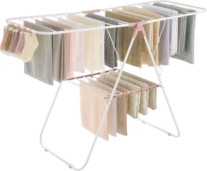 Foldable Space-Saving Clothes Drying Rack with Sock Clips, Height-Adjustable Gullwings, Metal Free-Standing Airer for Indoor Outdoor Use, White and Pink Foldable Space-Saving Clothes Drying Rack with Sock Clips, Height-Adjustable Gullwings, Metal Free-Standing Airer for Indoor Outdoor Use, White and Pink