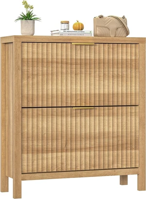Narrow Fluted MDF Shoe Cabinet with 2 Flip Drawers, Adjustable Layer Storage Freestanding Shoe Organizer, Anti-Tilt Space Saving Shoe Rack with Support Legs for Entryway Hallway Living Room Oak Narrow Fluted MDF Shoe Cabinet with 2 Flip Drawers, Adjustable Layer Storage Freestanding Shoe Organizer, Anti-Tilt Space Saving Shoe Rack with Support Legs for Entryway Hallway Living Room Oak