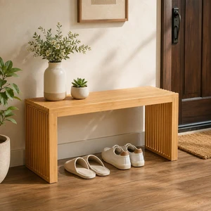35 Inch Natural Bamboo Bench, Slatted Farmhouse Dining Bench, 450lbs Capacity Easy Assembly Multipurpose Wooden Bench for Entryway Hallway Bedroom Bathroom Indoor Use 35 Inch Natural Bamboo Bench, Slatted Farmhouse Dining Bench, 450lbs Capacity Easy Assembly Multipurpose Wooden Bench for Entryway Hallway Bedroom Bathroom Indoor Use