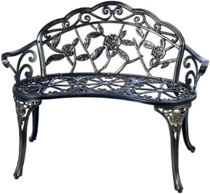 Cast Aluminum Outdoor Patio Bench, RustResistant Waterproof Metal Park Bench with Floral Rose Pattern for Garden Lawn Yard Park, Copper Finish Cast Aluminum Outdoor Patio Bench, RustResistant Waterproof Metal Park Bench with Floral Rose Pattern for Garden Lawn Yard Park, Copper Finish