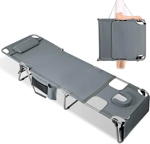 Oversized Folding Tanning Lounge Chair with Face Hole Detachable Pillow Side Pocket 5 Level Adjustable Backrest Portable Flat Outdoor Chaise Lounge for Beach Lawn Camping Poolside Deep Grey Oversized Folding Tanning Lounge Chair with Face Hole Detachable Pillow Side Pocket 5 Level Adjustable Backrest Portable Flat Outdoor Chaise Lounge for Beach Lawn Camping Poolside Deep Grey