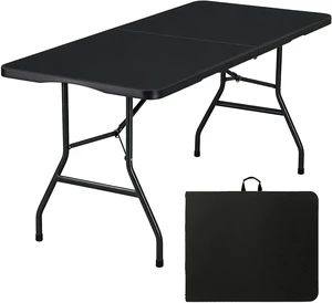 6 FT Fold-in-Half Utility Table, Heavy Duty HDPE Waterproof Tabletop with Rust Resistant Steel Legs, Portable No Assembly Folding Dining Table for Party Camping Wedding Indoor Outdoor Use, Black 6 FT Fold-in-Half Utility Table, Heavy Duty HDPE Waterproof Tabletop with Rust Resistant Steel Legs, Portable No Assembly Folding Dining Table for Party Camping Wedding Indoor Outdoor Use, Black