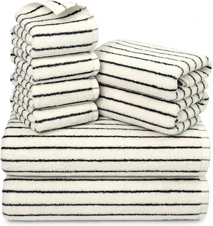 8-Piece Striped Cotton Towel Set, Super Soft Highly Absorbent Quick Drying Bathroom Towels, Black and Ivory Decorative Towel Assortment with Bath Towels Hand Towels Washcloths for Home Spa Travel 8-Piece Striped Cotton Towel Set, Super Soft Highly Absorbent Quick Drying Bathroom Towels, Black and Ivory Decorative Towel Assortment with Bath Towels Hand Towels Washcloths for Home Spa Travel