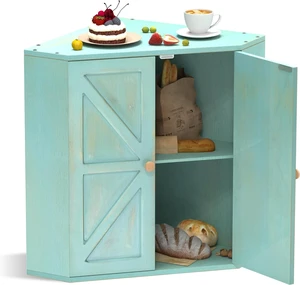 Double Layer Bamboo Corner Bread Box, Large Capacity Kitchen Counter Bread Storage Container, Farmhouse Style Multipurpose Food Storage Organizer with Magnetic Door, Antique Blue Double Layer Bamboo Corner Bread Box, Large Capacity Kitchen Counter Bread Storage Container, Farmhouse Style Multipurpose Food Storage Organizer with Magnetic Door, Antique Blue