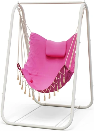 Heavy Duty Hammock Chair with A-Frame Stand, Rustproof Powder Coated Swing Stand with Square Support Base, Ergonomic Hanging Chair with Pillow and Side Pocket for Indoor Outdoor Patio Yard Porch, Pink Heavy Duty Hammock Chair with A-Frame Stand, Rustproof Powder Coated Swing Stand with Square Support Base, Ergonomic Hanging Chair with Pillow and Side Pocket for Indoor Outdoor Patio Yard Porch, Pink
