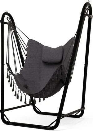 U-Shaped Hammock Chair with Rust Resistant Stand, Stable Bottom Bracket Swing Chair with Natural Cotton Hanging Chair and Side Pocket, 350 lbs Weight Capacity for Indoor Outdoor Relaxation, Gray U-Shaped Hammock Chair with Rust Resistant Stand, Stable Bottom Bracket Swing Chair with Natural Cotton Hanging Chair and Side Pocket, 350 lbs Weight Capacity for Indoor Outdoor Relaxation, Gray