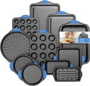 11-Piece Stackable Nonstick Baking Pan Set, Oven Safe Bakeware with Cool Touch Handles, Multi-Size Cookie Sheet Cake Muffin Pizza Loaf Pan Assortment, Black and Blue 11-Piece Stackable Nonstick Baking Pan Set, Oven Safe Bakeware with Cool Touch Handles, Multi-Size Cookie Sheet Cake Muffin Pizza Loaf Pan Assortment, Black and Blue